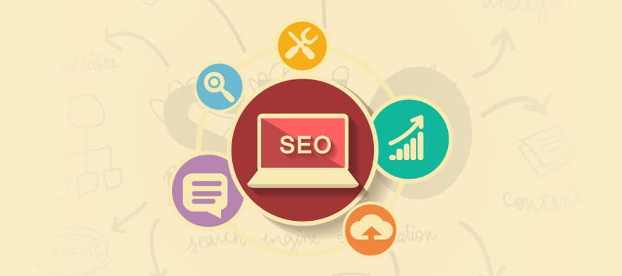 Laptop surrounded with SEO icons